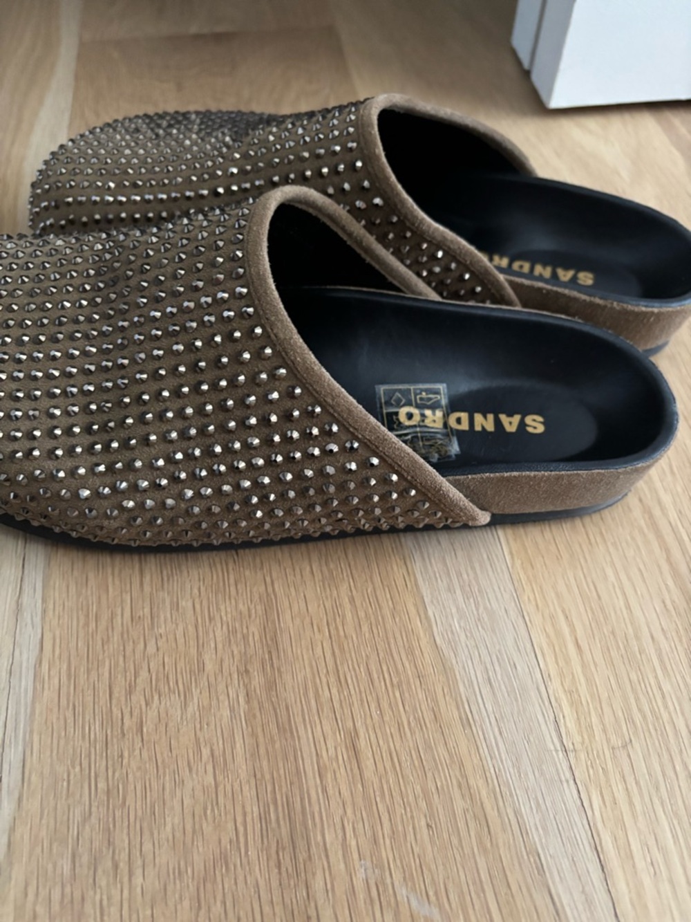 Sandro Taupe Suede Rhinestone Studded Slip-On Mules - Picture 3 of 4